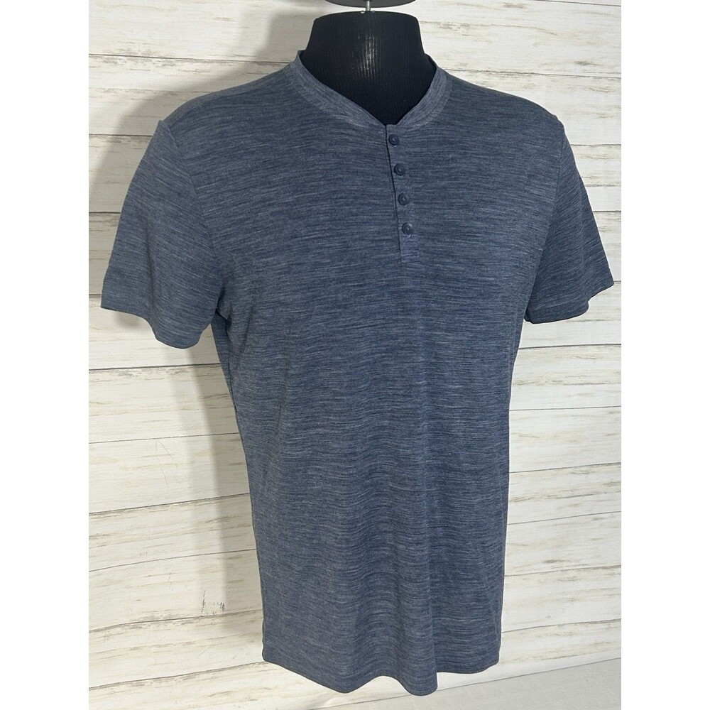 01. Algo Performance Mens Medium Blue MERINO WOOL Henley T-SHIRT Short Sleeve